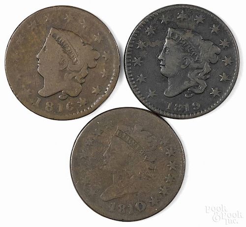 Three large cents, to include an 1810, G-VG, an 1816, G, and an 1819, VG.