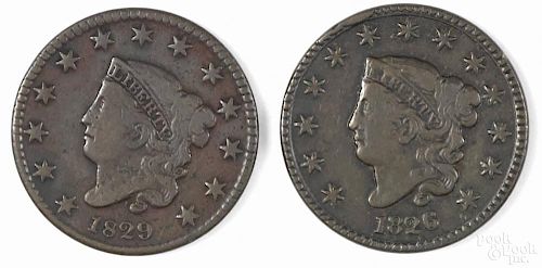 Large cent, 1826, F-VF, together with an 1829, VG-F.