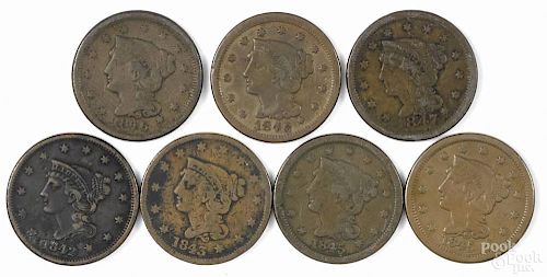 Seven large cents, to include an 1842, F, an 1843, G, two 1845, VG, two 1846, VG, and an 1847, VG.