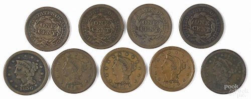 Nine large cents, to include an 1850, F, an 1852, G, three 1851, VG-F, two 1854, F, two 1856, VG-F.