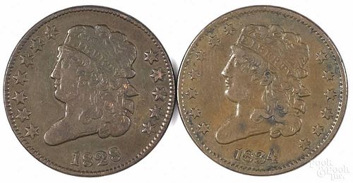 Half cent, 1828, VG-F, together with an 1834 Half Cent, VG-F.