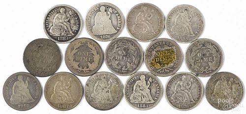 Fifteen Seated Liberty dimes, to include an 1859, G, two 1876, G-VG, an 1876 CC, G, three 1883, VG-F