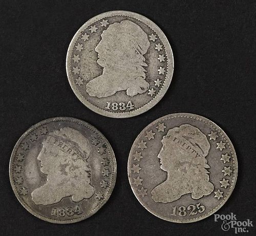 Three Cap Bust dimes, to include an 1825, G, and two 1834, G-VG.
