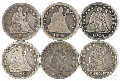 Six Seated Liberty quarters, to include an 1844 O, G, an 1847 F-VF, an 1853 with arrows and rays
