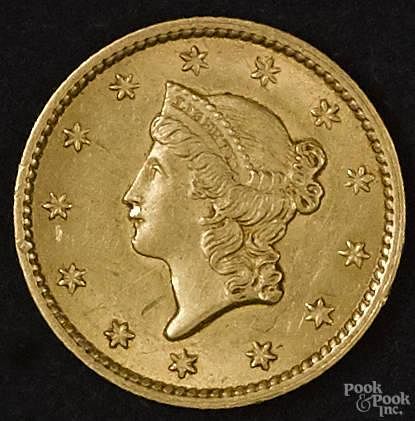 One dollar gold coin, 1854, type 1, AU-UNC.