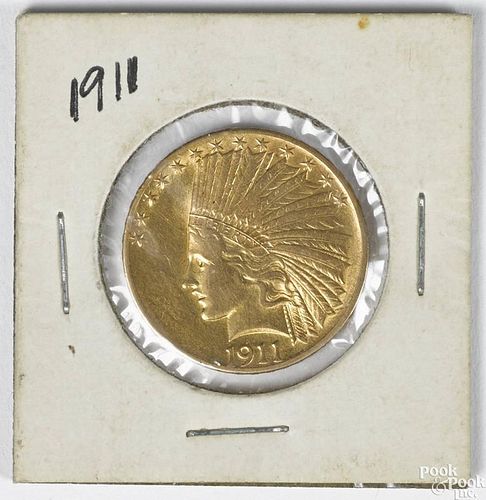 Ten dollar Indian Head gold coin, 1911, XF.