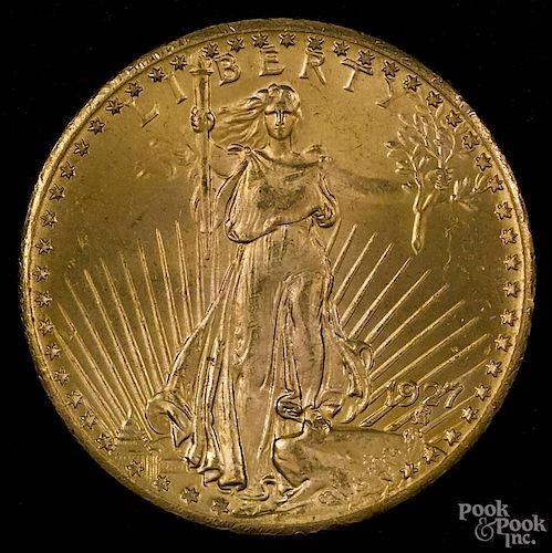 Twenty dollar Saint Gaudens gold coin, 1927, uncirculated.
