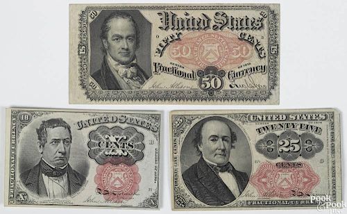 Three pieces of fractional currency, to include a ten cent note, series 1874, CU