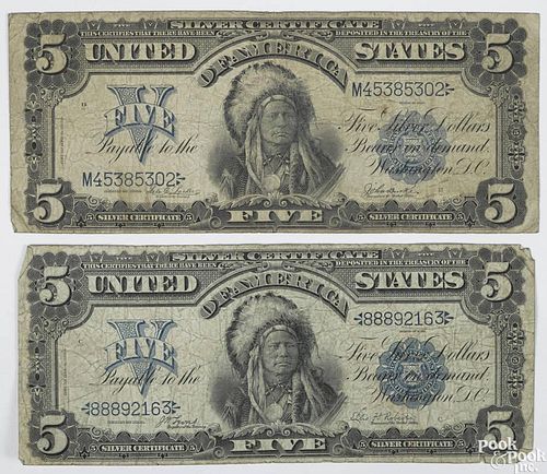 Two five dollar silver certificates, series 1899 (chief), G.