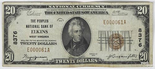 Twenty dollar National Currency note, The Peoples National Bank of Elkins, West Virginia, series 1929