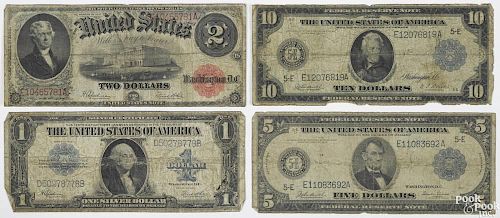 Four U.S. notes, AG-G, to include a one dollar silver certificate, series 1923, a two dollar note