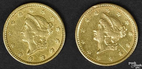 Two one dollar gold coins, 1851, type 1, XF.