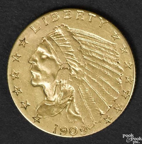 Indian Head two and a half dollar gold coin, 1909, VF.