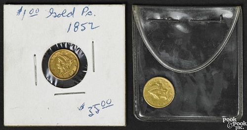 Two one dollar gold coins, 1850 and 1852, type 1, XF.