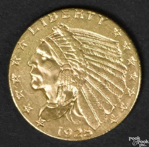 Indian Head two and a half dollar gold coin, 1925 D, uncirculated.