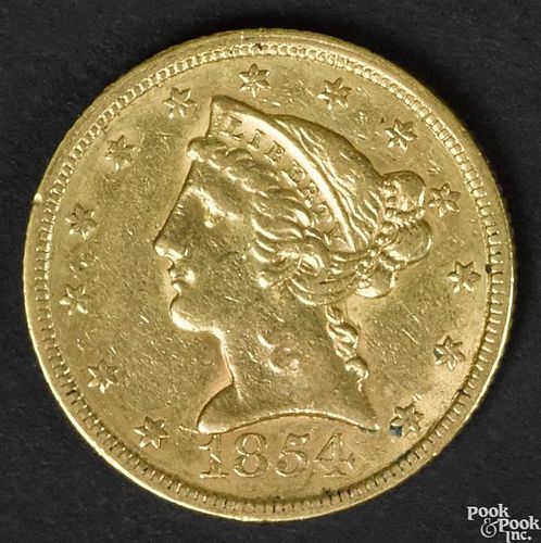 Five dollar gold coin, 1854, XF.