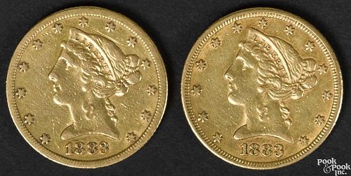 Two five dollar gold coins, 1883, XF-AU.