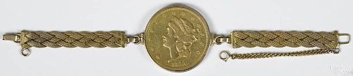 Twenty dollar gold coin, 1850, VG, in bezel and on a 10K gold bracelet, 7''.