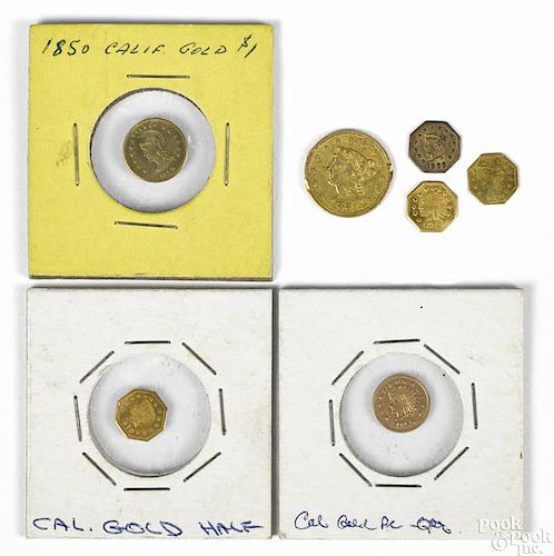 Six gold California Fantasy Coins, together with a two and a half dollar gold coin, 1851, damaged.