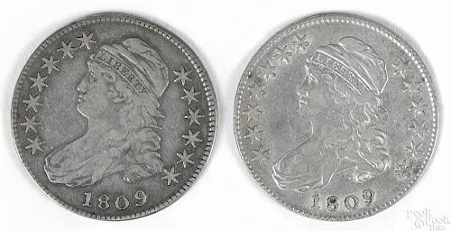 Two Cap Bust silver half dollars, 1809, VG.