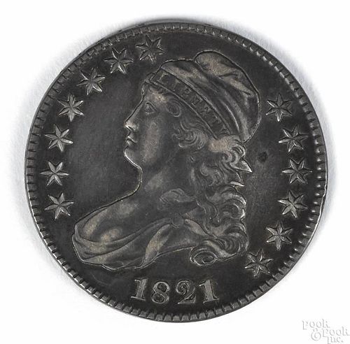 Cap Bust silver half dollar, 1821, VF, with dark toning.