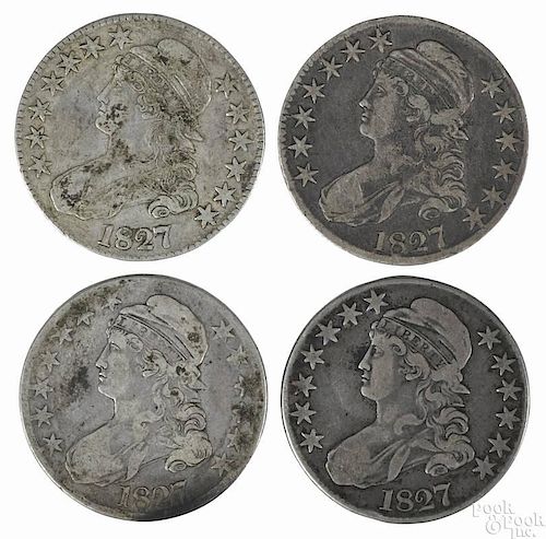 Four Cap Bust silver half dollars, 1827, G-VG.