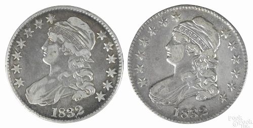 Two Cap Bust silver half dollars, 1832, F-VF.