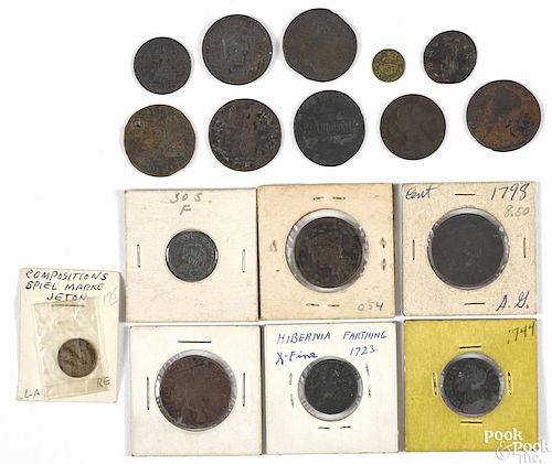 Seventeen early copper coins, to include two large cents, a 1723 Hibernia farthing, a Widow's Mite