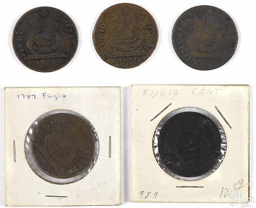 Five Fugio colonial coppers, 1787, F-AG, with some porosity.