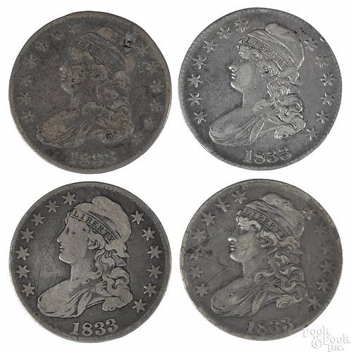 Four Cap Bust silver half dollars, 1833, G-VG, one with a plugged hole, one with graffiti.