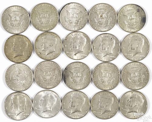 Twenty Kennedy half dollar coins, forty percent silver, XF-AU.