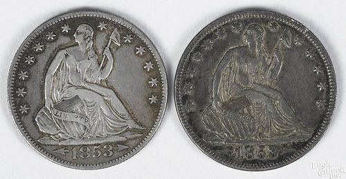 Two Seated Liberty half dollars, with arrows and rays, to include an 1853, VF, and an 1853 O, VF.