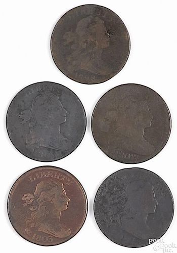 Five Draped Bust large cents, to include an 1897, F, a 1798, F, an 1800, F, an 1802, AG, and an 1803