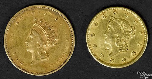 Two one dollar gold coins, to include an 1851, type 1, with damage, and a 1855, type 2, XF-AU.