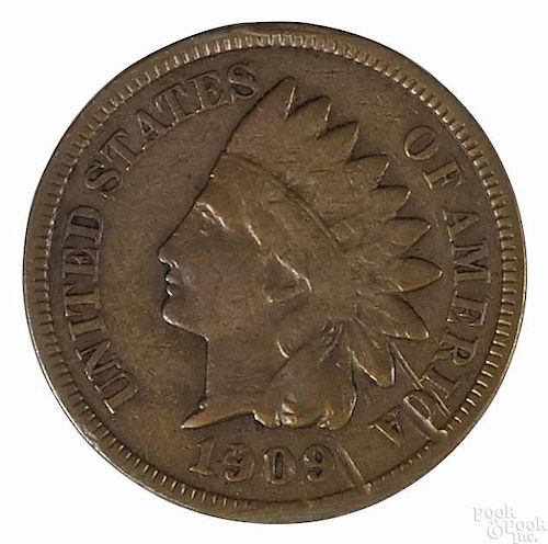 Indian Head cent, 1909 S, VG with a nick at the date.