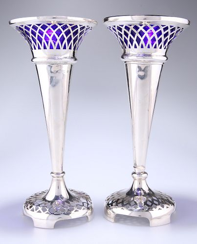 A PAIR OF LARGE GEORGE V SILVER TRUMPET VASES, BIRMINGHAM 1911, each with l