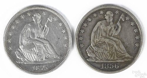 Two Seated Liberty half dollars, 1856 O, VF, and an 1875, VF-XF.