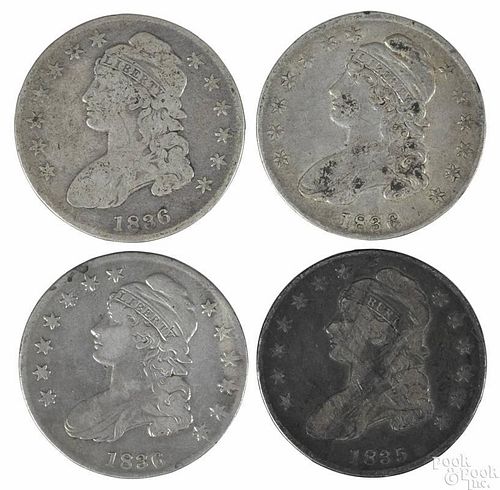 Four Cap Bust silver half dollars, to include an 1835, G-VG, and three 1836, G-VG.