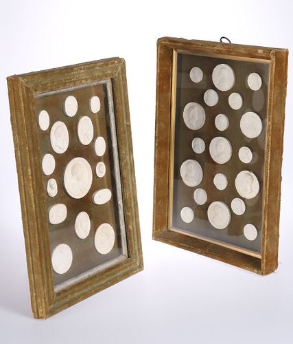 TWO FRAMED SETS OF 19TH CENTURY ITALIAN PLASTER CAMEOS, after the Antique, 