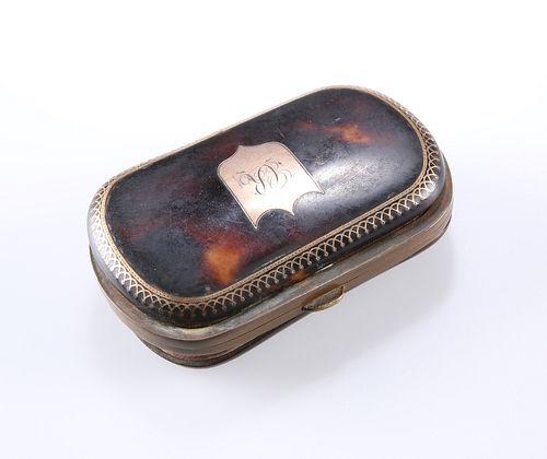 A 19TH CENTURY GOLD INLAID TORTOISESHELL PURSE, with monogrammed cartouche.
