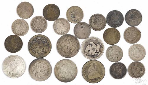Seven Seated Liberty silver quarters, all well worn or damaged, all with readable dates