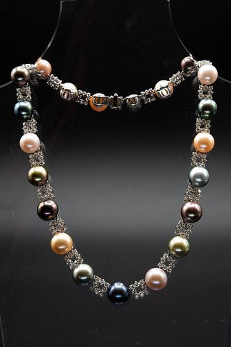 A CULTURED PEARL AND DIAMOND NECKLACE, Schoeffel, the twenty one pink, grey