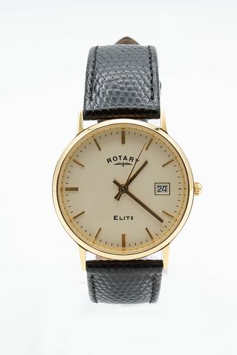 A ROTARY 18CT GOLD STRAP WATCH. Circular ivory dial with baton index, centr