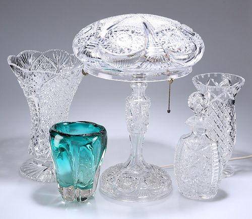A GROUP OF GLASS, comprising a cut-glass mushroom lamp, two cut-glass vases