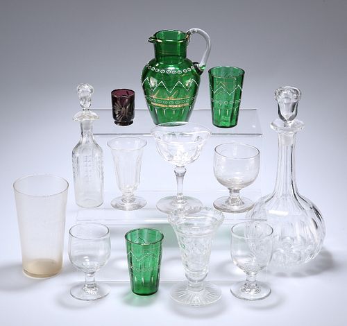 A COLLECTION OF PREDOMINANTLY 19TH CENTURY GLASS, including enamelled green