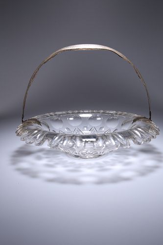 A MID-19th CENTURY WHITE METAL MOUNTED CUT-GLASS BASKET, circular with scal