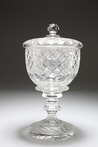 A 19th CENTURY CUT-GLASS SWEETMEAT JAR AND COVER, the slightly domed cover 