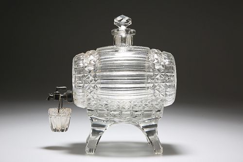 AN EDWARDIAN CUT-GLASS SPIRIT BARREL ON STAND, the barrel with faceted glas