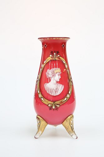 A BOHEMIAN CASED GLASS VASE, c. 1860, of flask form, red over white opaque 
