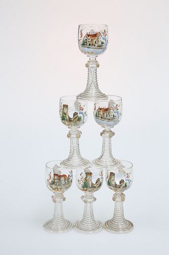 A SET OF SIX BOHEMIAN ENAMELLED GLASS ROEMERS, c. 1875, historicist, each b